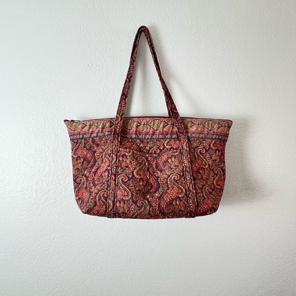 Paisley Patterned Tote Bag - Burgundy and Beige